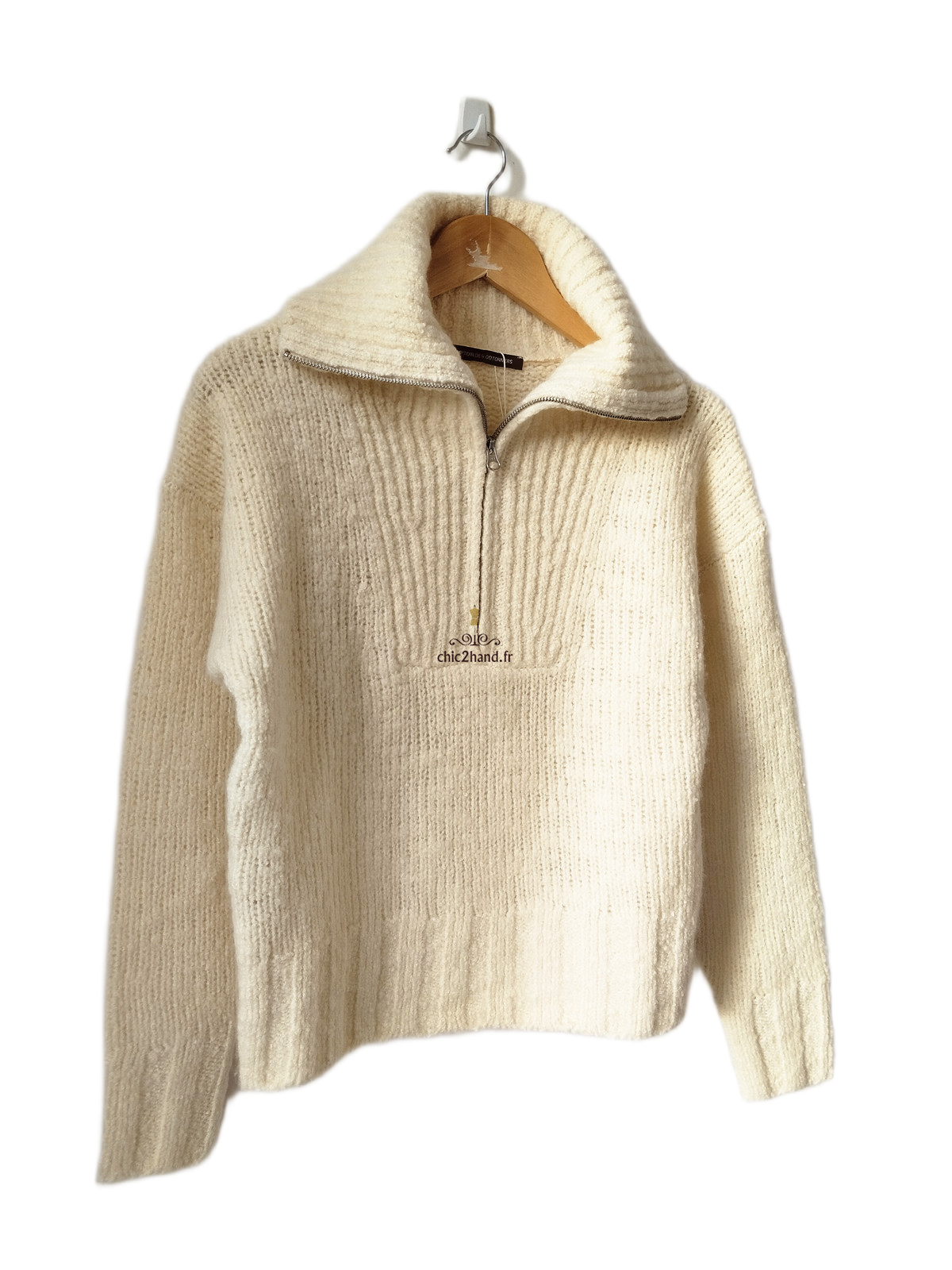 Pull Oversize col zippé 88% laine comptoir des cotonniers S NEUF blanc écru – Image 3