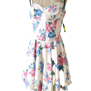 Robe évasée Adéne blanc fleuri rose et bleu M Neuf avec étiquette