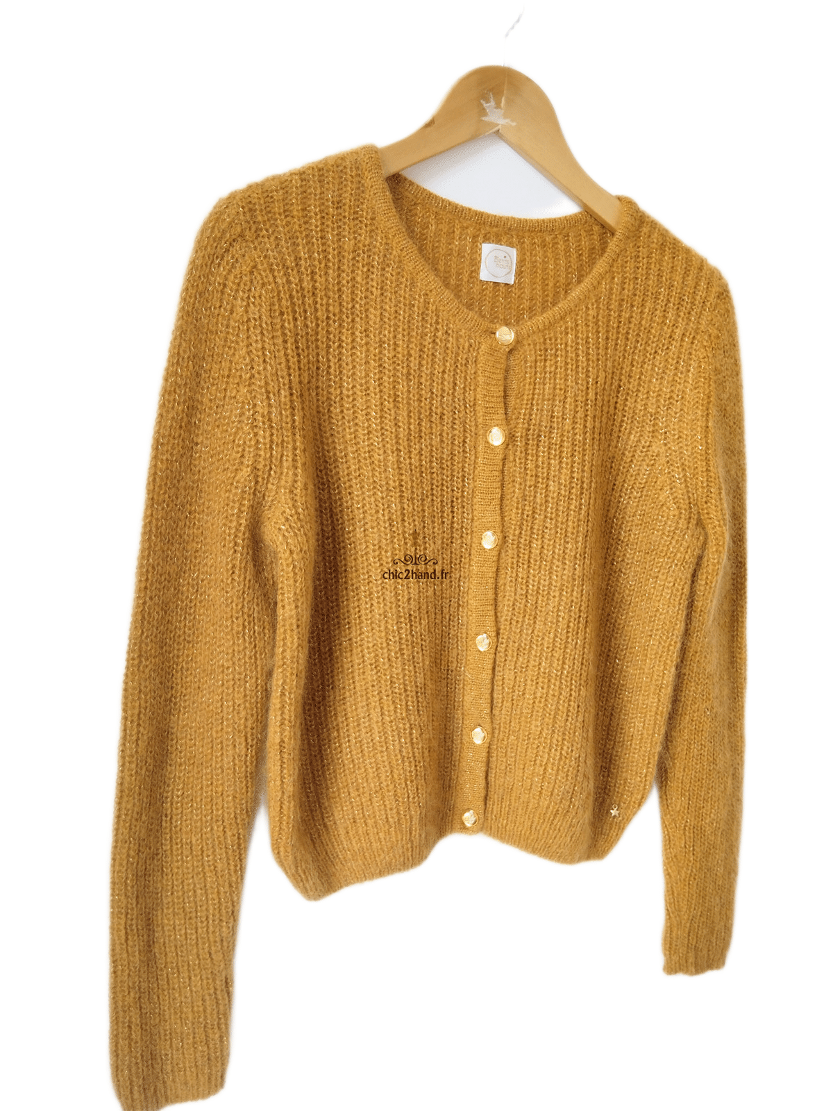 Gilet cardigan Des Petits Hauts barbella laine kid mohair lurex T1 moutarde doré Neuf – Image 3