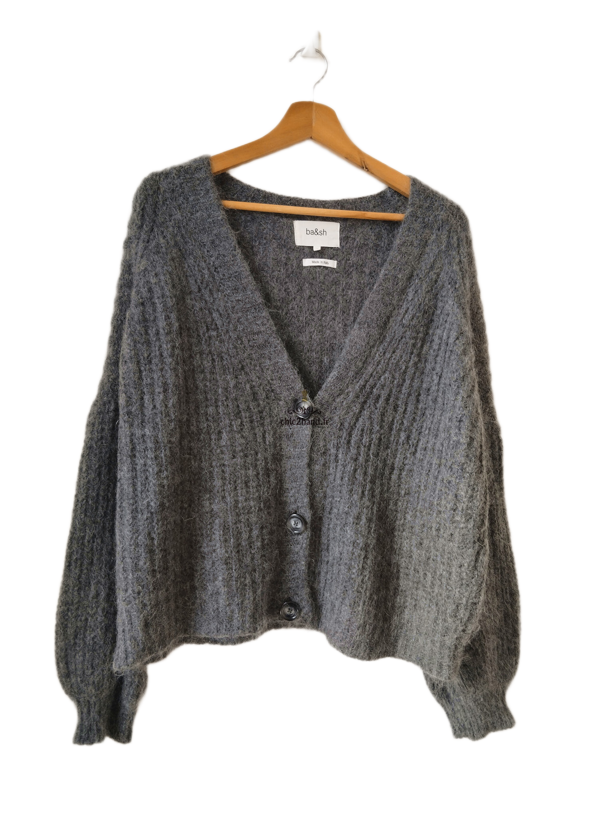 Gilet cardigan oversize épais doudou manches ballon alpaga mohair Ba&sh T2 gris foncé NEUF