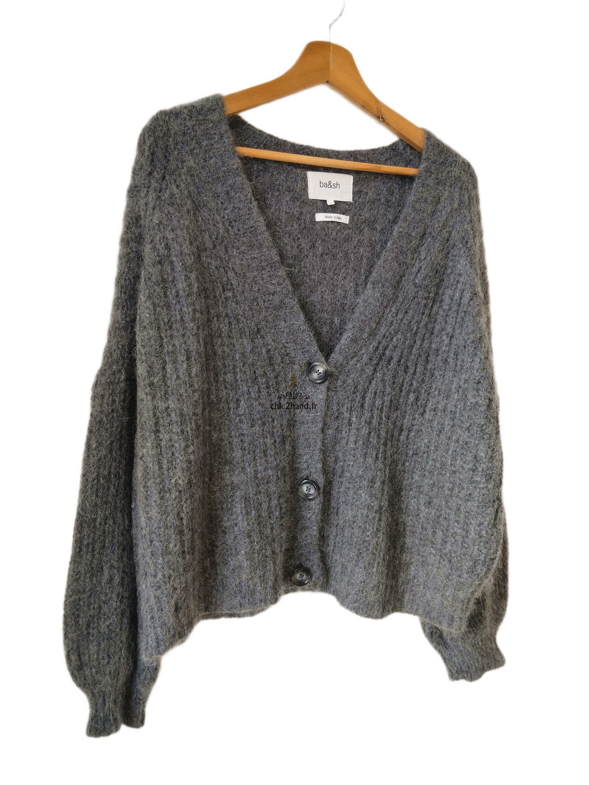 Gilet cardigan oversize épais doudou manches ballon alpaga mohair Ba&sh T2 gris foncé NEUF – Image 3