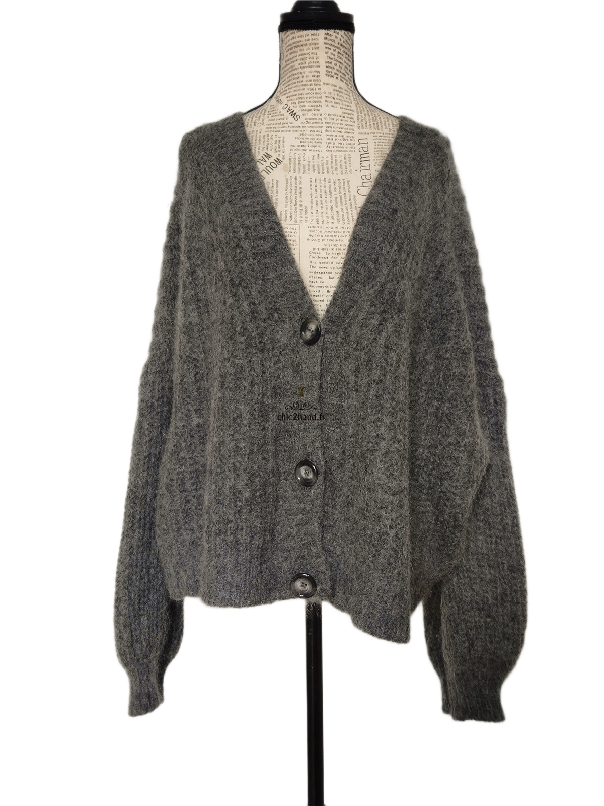 Gilet cardigan oversize épais doudou manches ballon alpaga mohair Ba&sh T2 gris foncé NEUF – Image 8