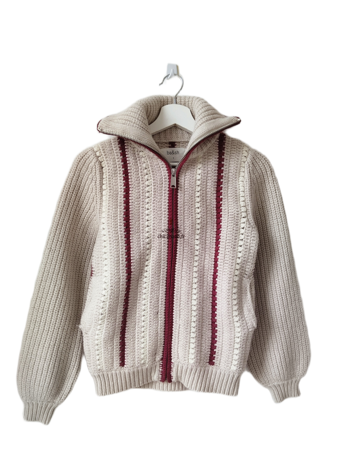 Gilet cardigan zippé épais manches ballon laine coton Ba&sh S beige BE