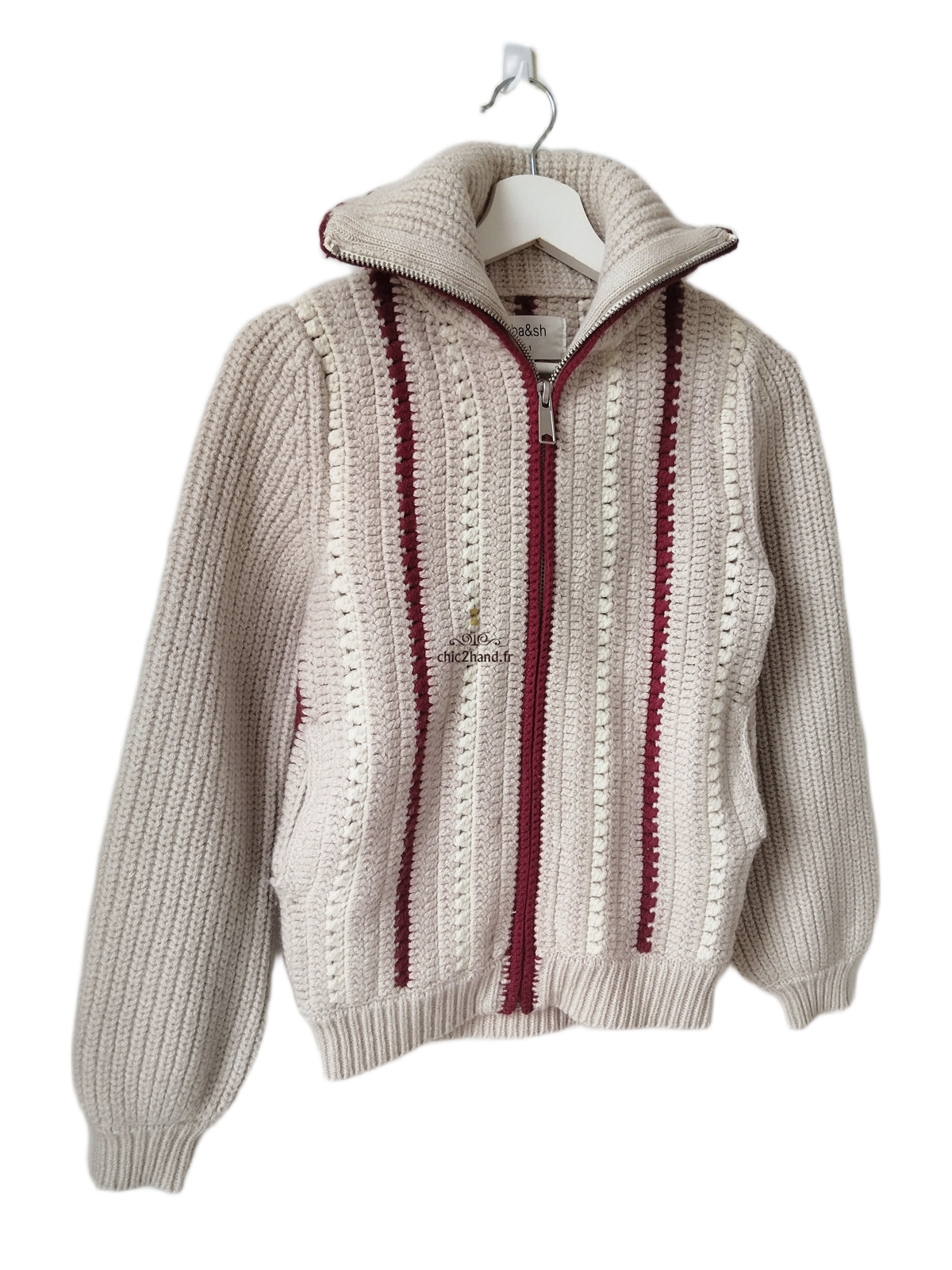 Gilet cardigan zippé épais manches ballon laine coton Ba&sh S beige BE – Image 6