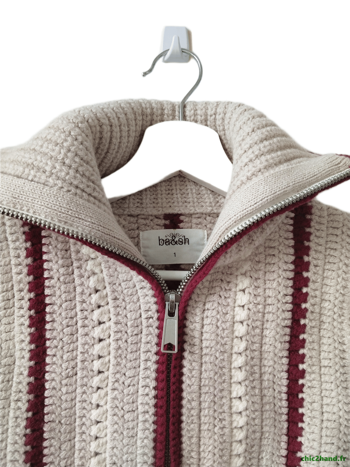 Gilet cardigan zippé épais manches ballon laine coton Ba&sh S beige BE – Image 7