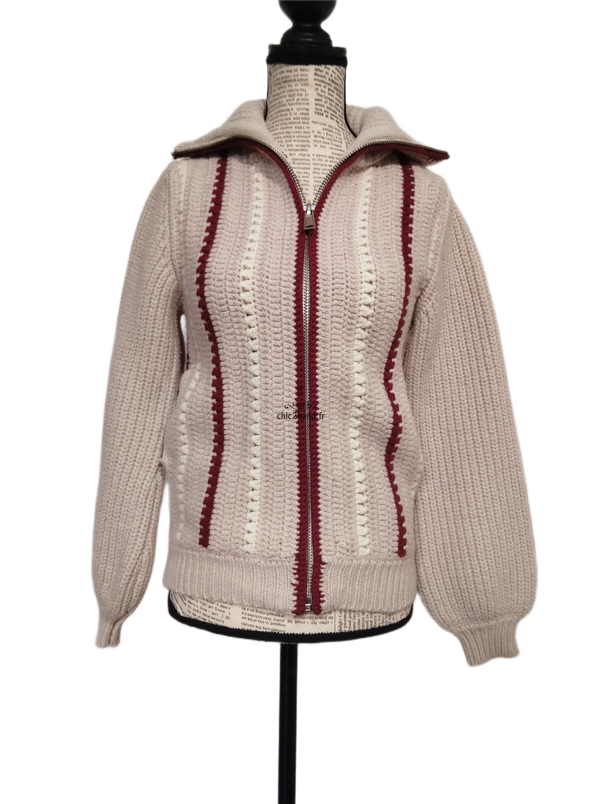 Gilet cardigan zippé épais manches ballon laine coton Ba&sh S beige BE – Image 10