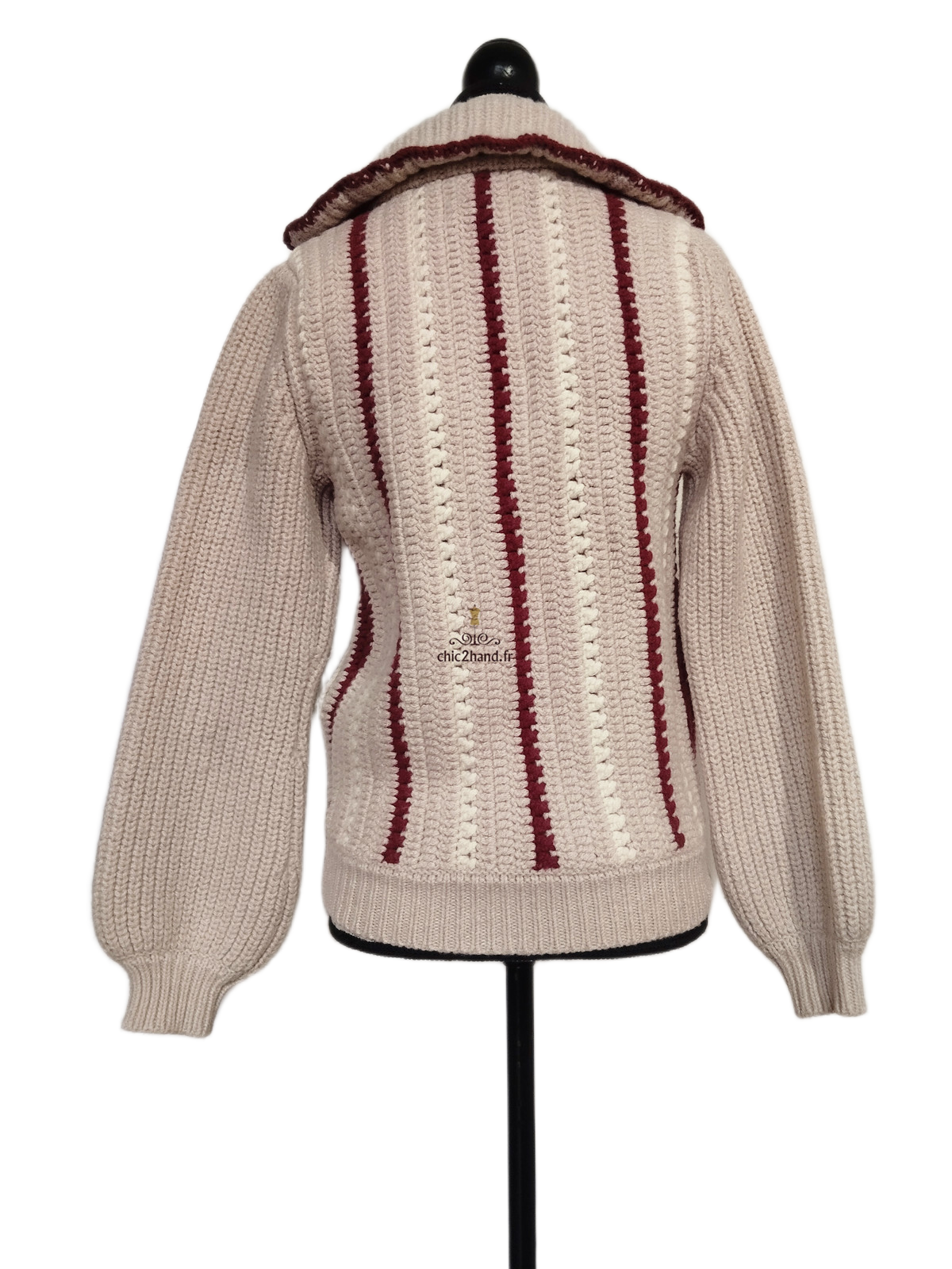 Gilet cardigan zippé épais manches ballon laine coton Ba&sh S beige BE – Image 11