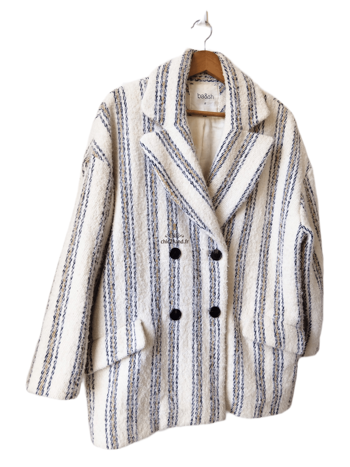 Manteau oversize doudou laine alpaga Ba&sh Fill blanc rayures T0 Excellent état – Image 3