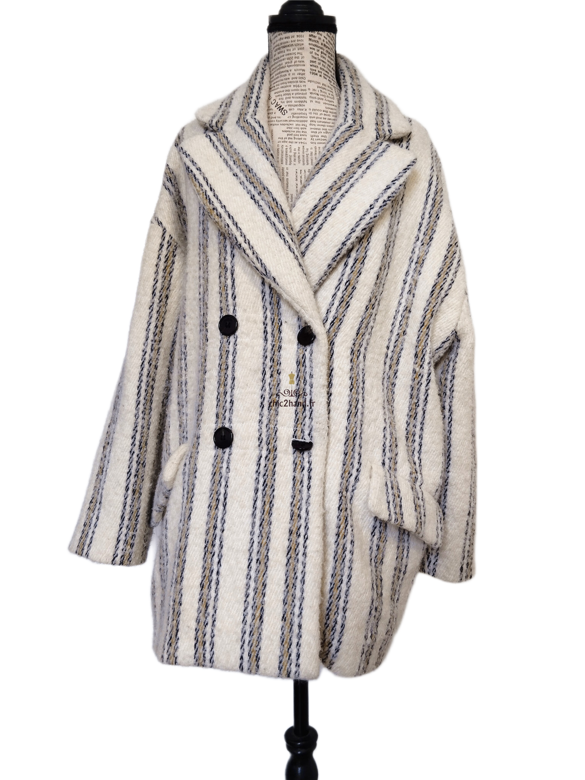Manteau oversize doudou laine alpaga Ba&sh Fill blanc rayures T0 Excellent état – Image 8