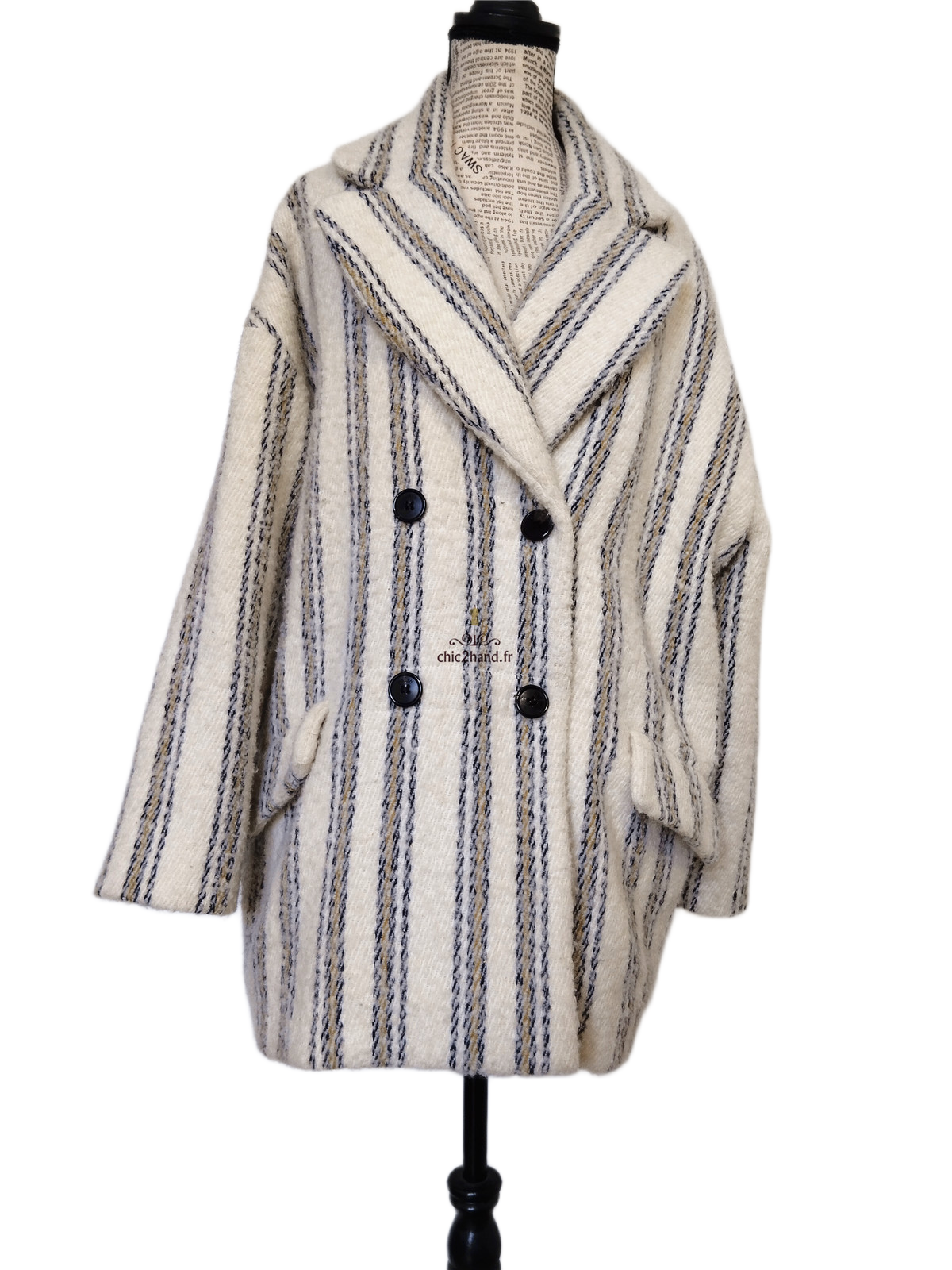 Manteau oversize doudou laine alpaga Ba&sh Fill blanc rayures T0 Excellent état – Image 9