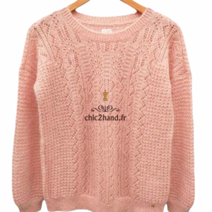 Pull doudou ajouré Des Petits Hauts borabora 60% laine kid mohair rose clair T1 Neuf