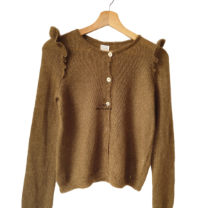 Gilet cardigan doudou  kid mohair soie lurex Des Petits Hauts T1 TBE modèle Colbert vert brun doré