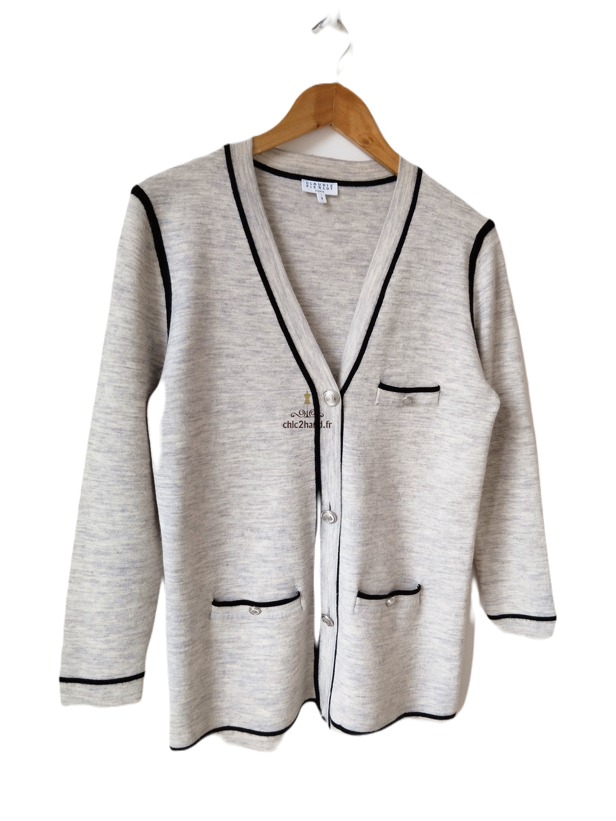 Gilet cardigan doudou 70% laine Claudie Pierlot T2 gris clair noir neuf – Image 4