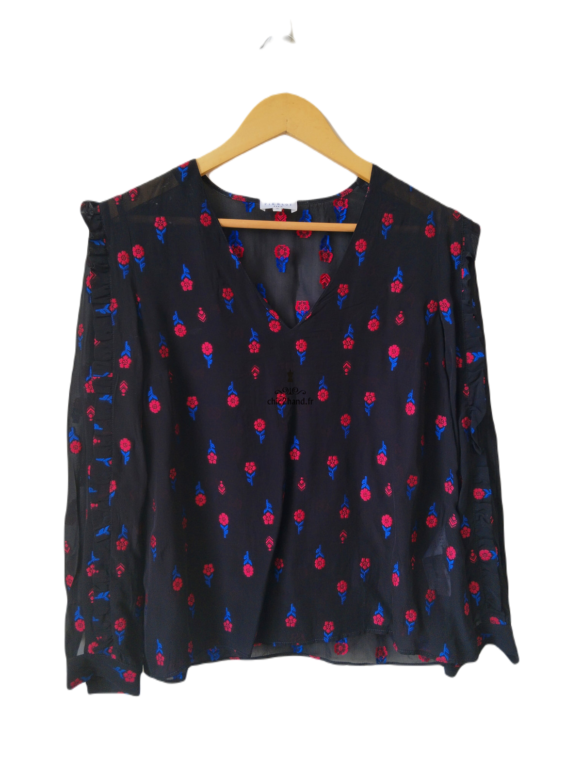 Top blouse manches longues noir fleuris rose Claudie Pierlot S fr36 NEUF