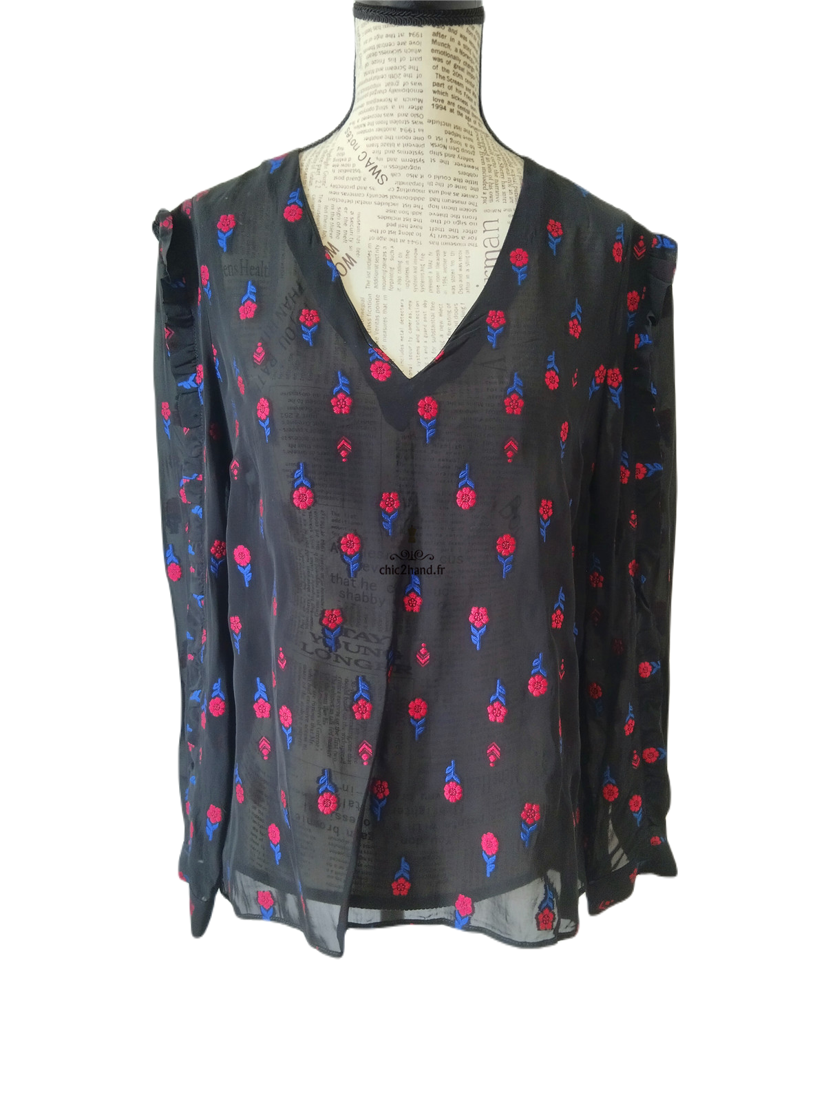 Top blouse manches longues noir fleuris rose Claudie Pierlot S fr36 NEUF – Image 7