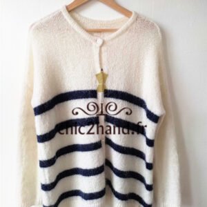 Gilet doudou oversize Des Petits Hauts daline 50% laine kid mohair T2 rayure blanc bleu marine NEUF