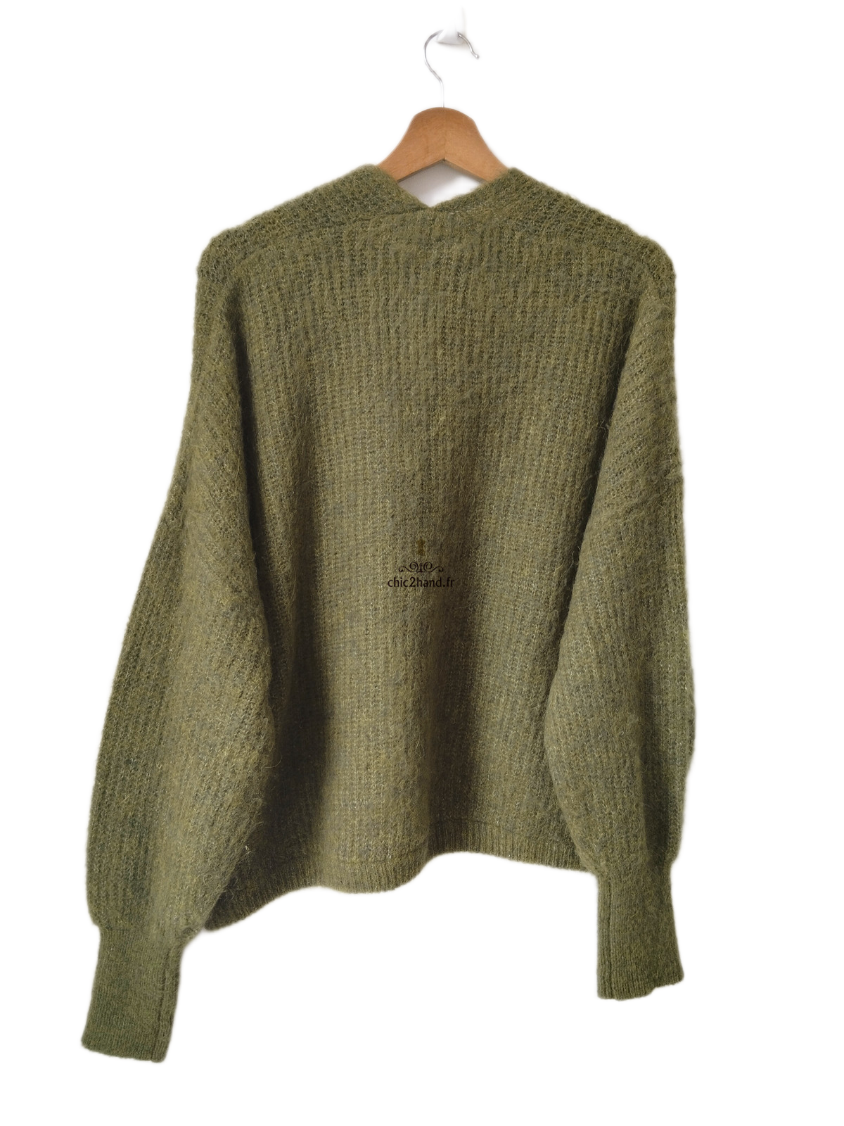 Gilet ouvert oversize laine alpaga American Vintage EAST19A vert kaki chiné XS S east Neuf – Image 7