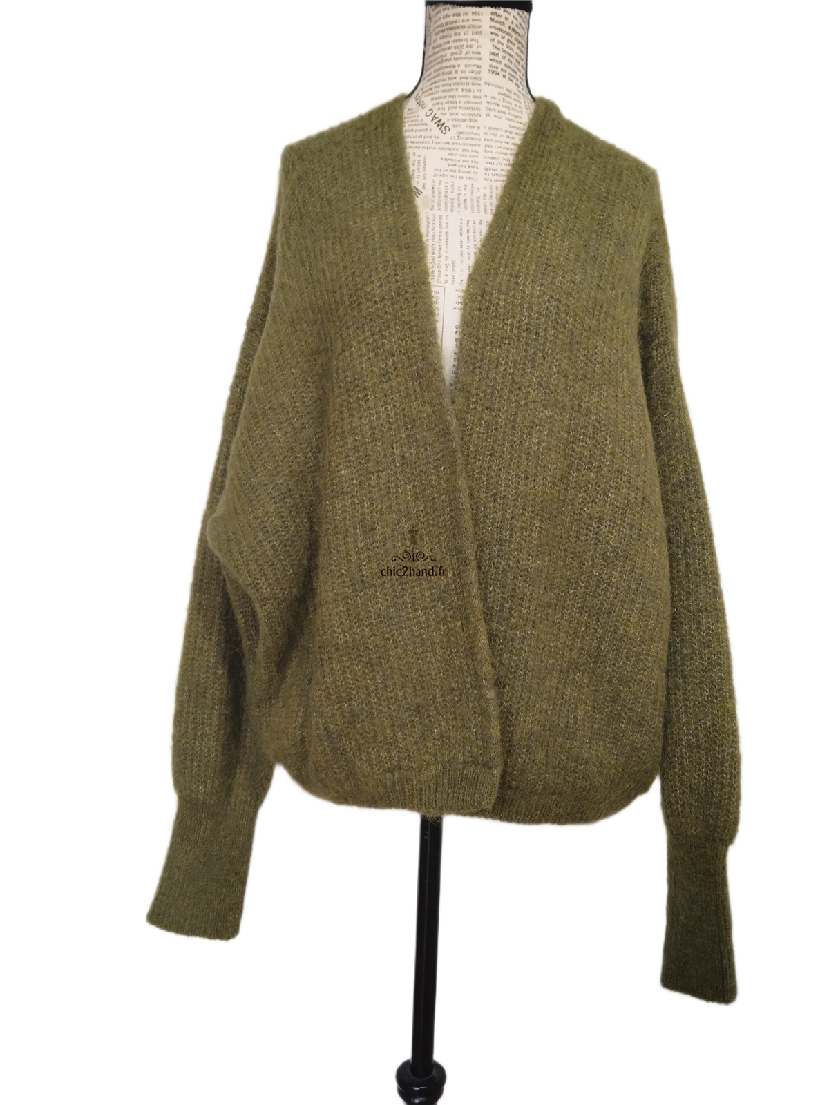 Gilet ouvert oversize laine alpaga American Vintage EAST19A vert kaki chiné XS S east Neuf – Image 8