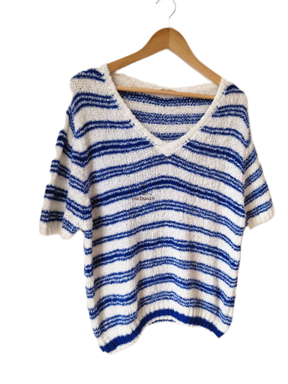 Pull oversize doudou coton American Vintage EMO18A blanc bleu L NEUF – Image 3