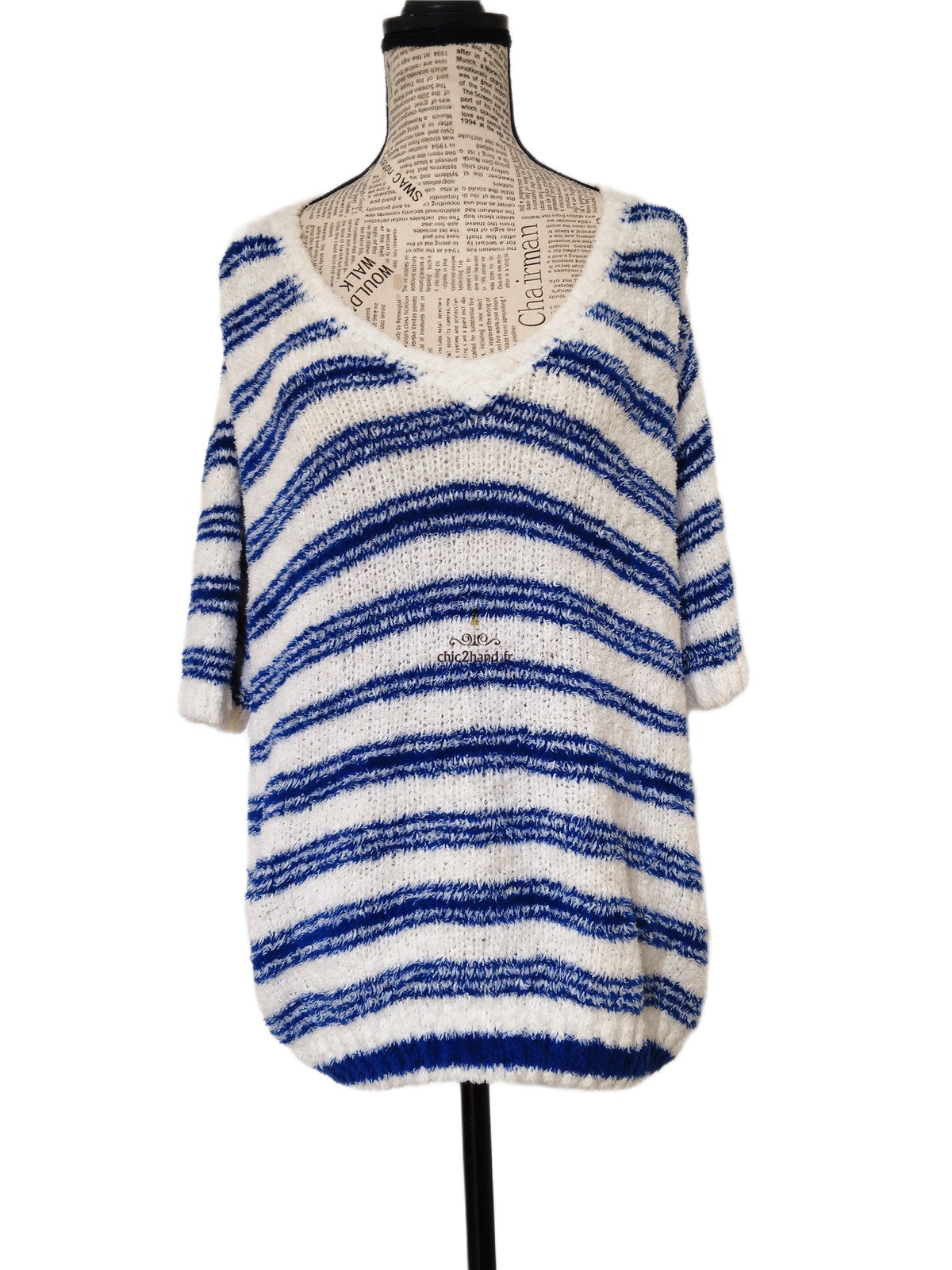 Pull oversize doudou coton American Vintage EMO18A blanc bleu L NEUF – Image 7