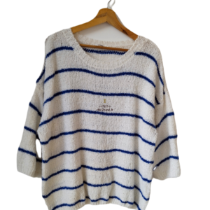 Pull oversize doudou coton American Vintage blanc bleu L EMO18B NEUF