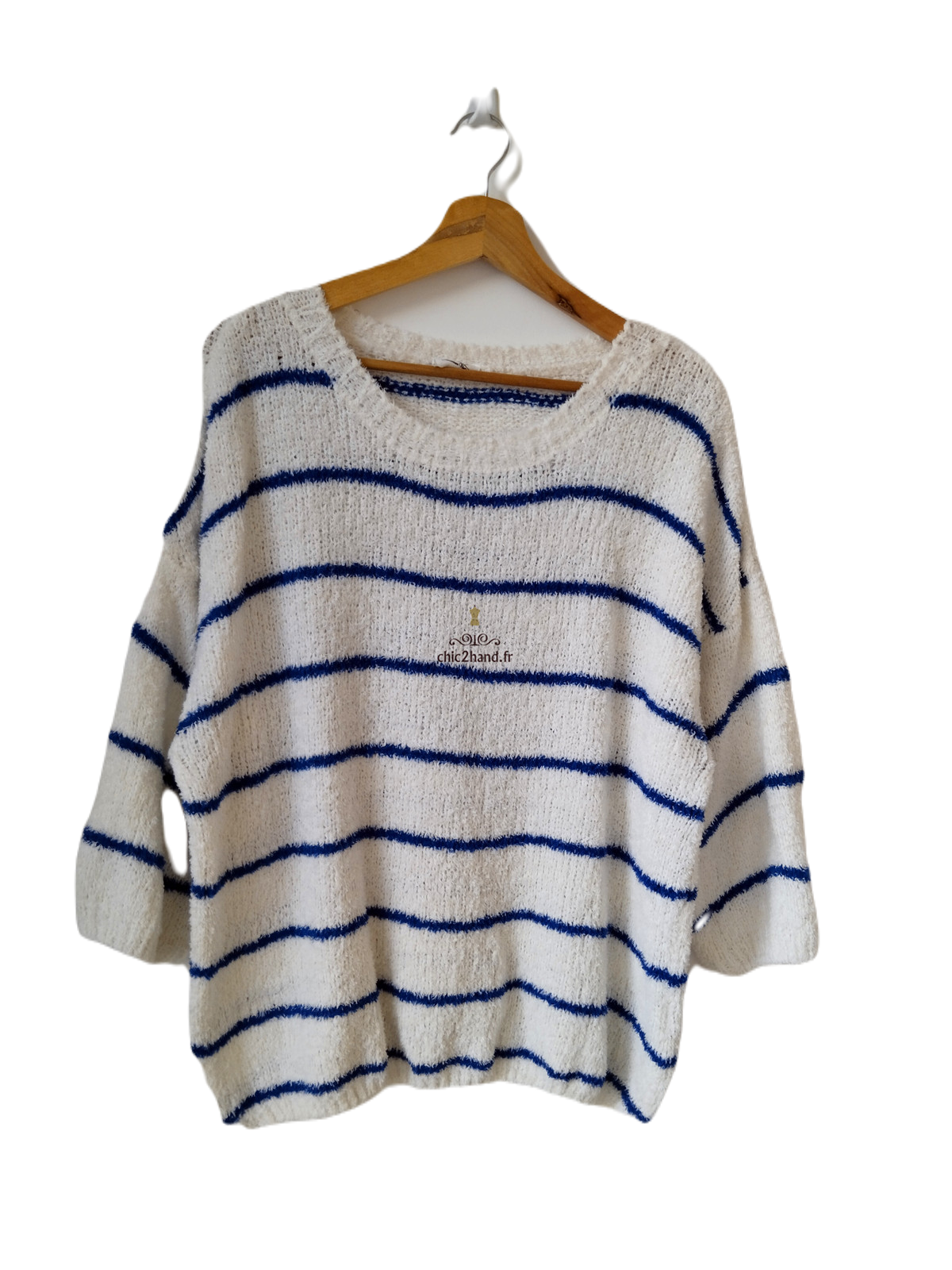 Pull oversize doudou coton American Vintage blanc bleu L EMO18B NEUF