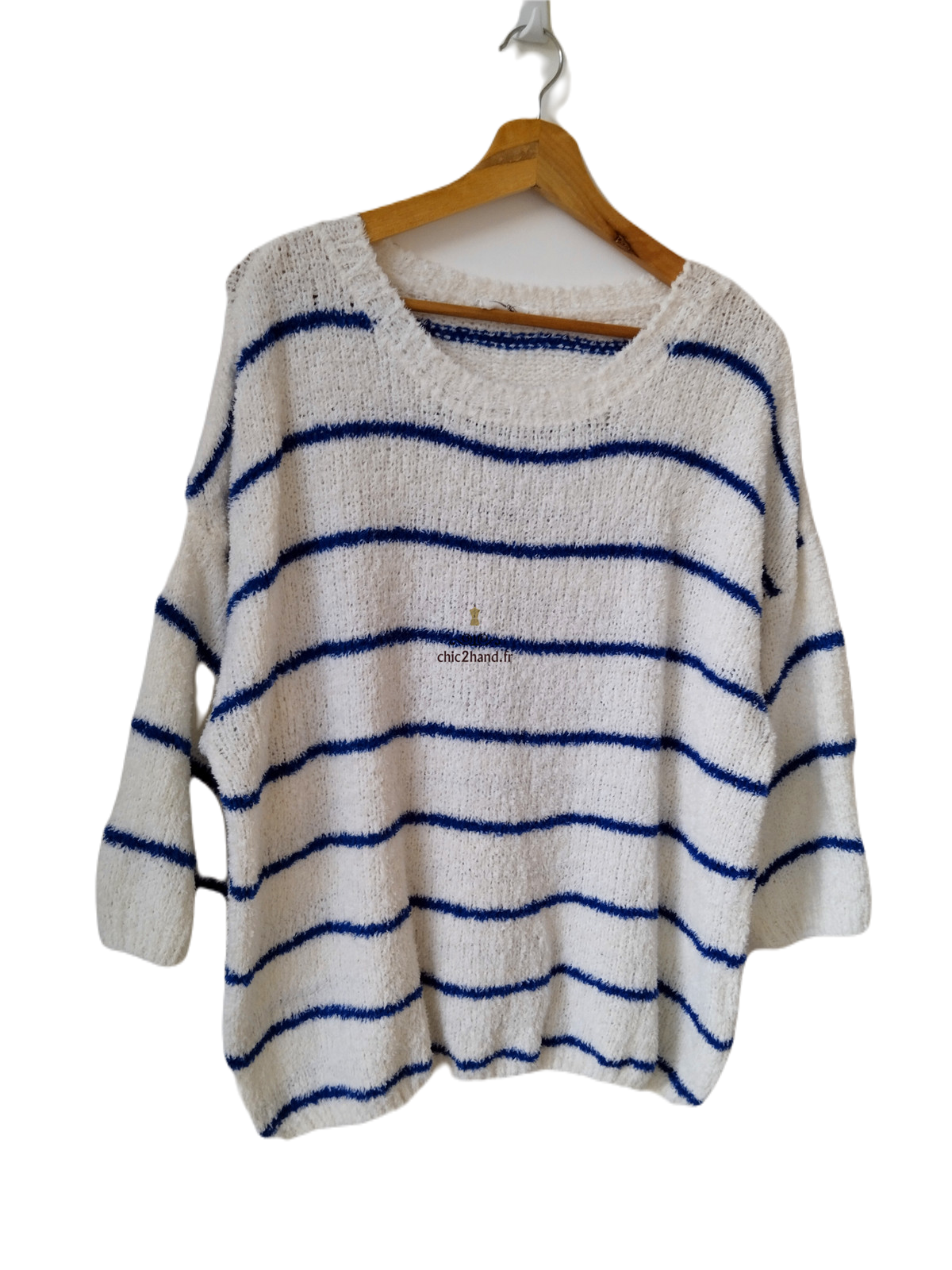 Pull oversize doudou coton American Vintage blanc bleu L EMO18B NEUF – Image 5