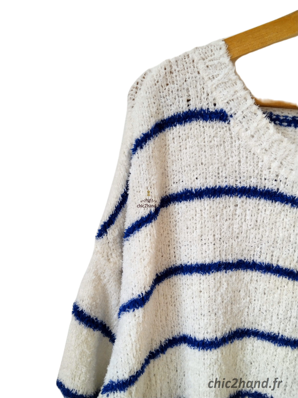 Pull oversize doudou coton American Vintage blanc bleu L EMO18B NEUF – Image 6