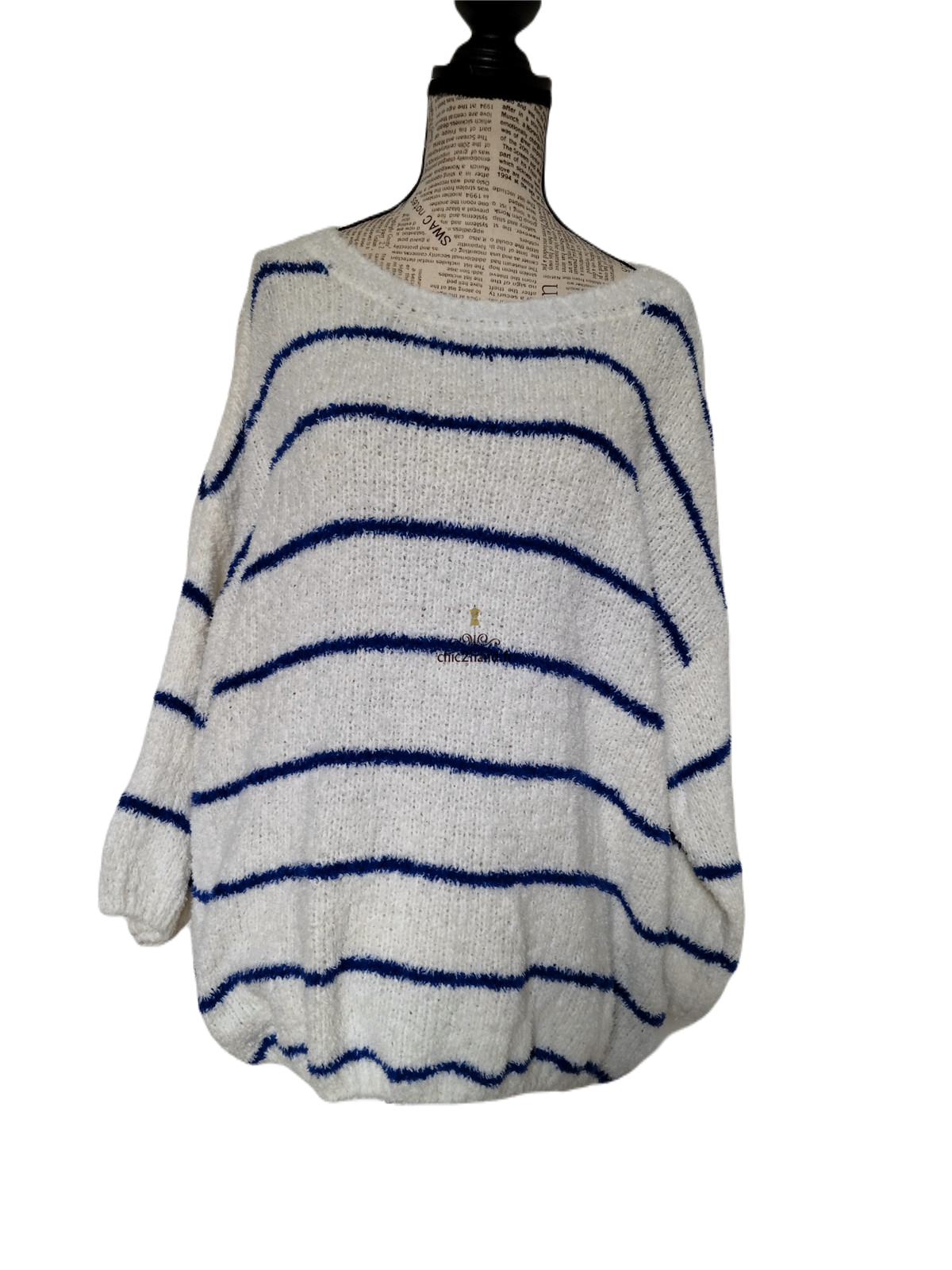 Pull oversize doudou coton American Vintage blanc bleu L EMO18B NEUF – Image 8