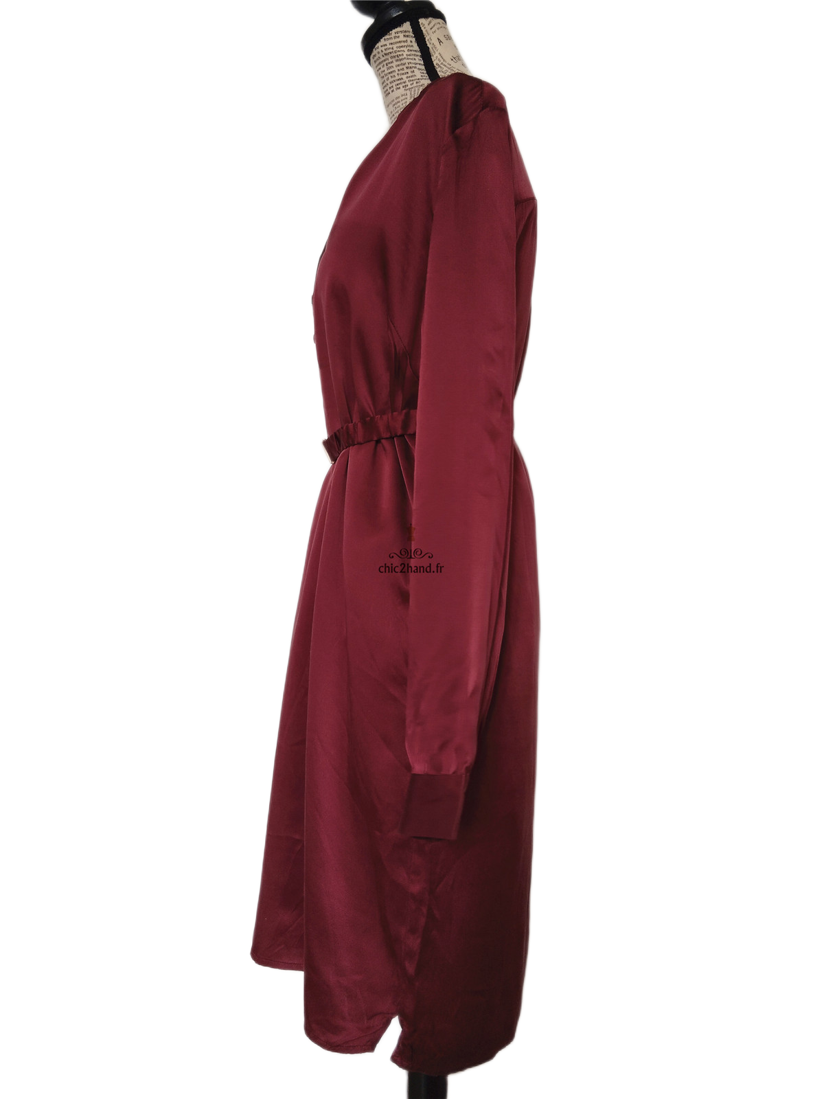 Robe 100% pure soie ceinturée amovible avec doublure Kiomi rouge bordeaux FR38 M TBE – Image 8