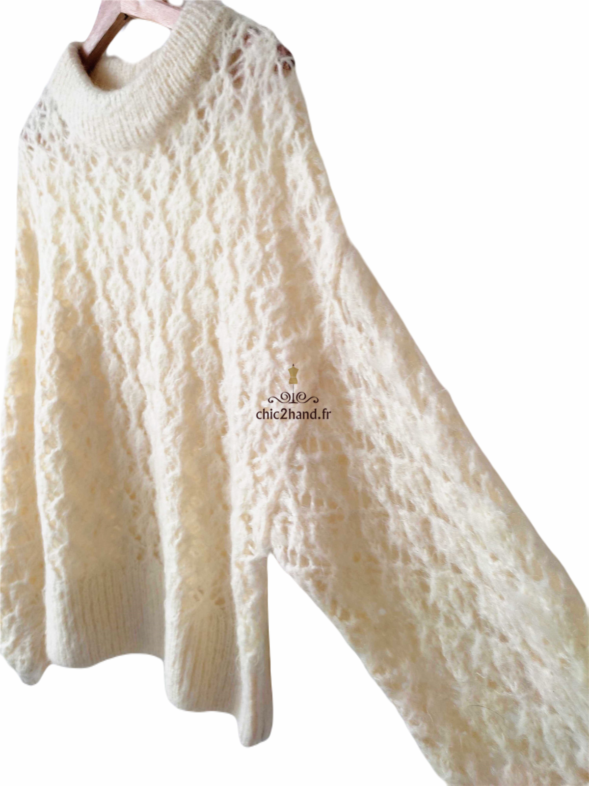 Pull oversize 42% mohair ajouré American Vintage kom268 M L mitibird blanc Neuf – Image 2