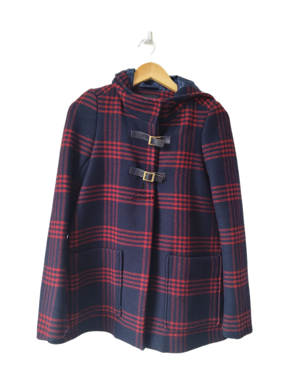 Manteau avec capuche en 70% laine carreaux noir rouge chiné Maje H11JEUNESSE FR36 S NEUF
