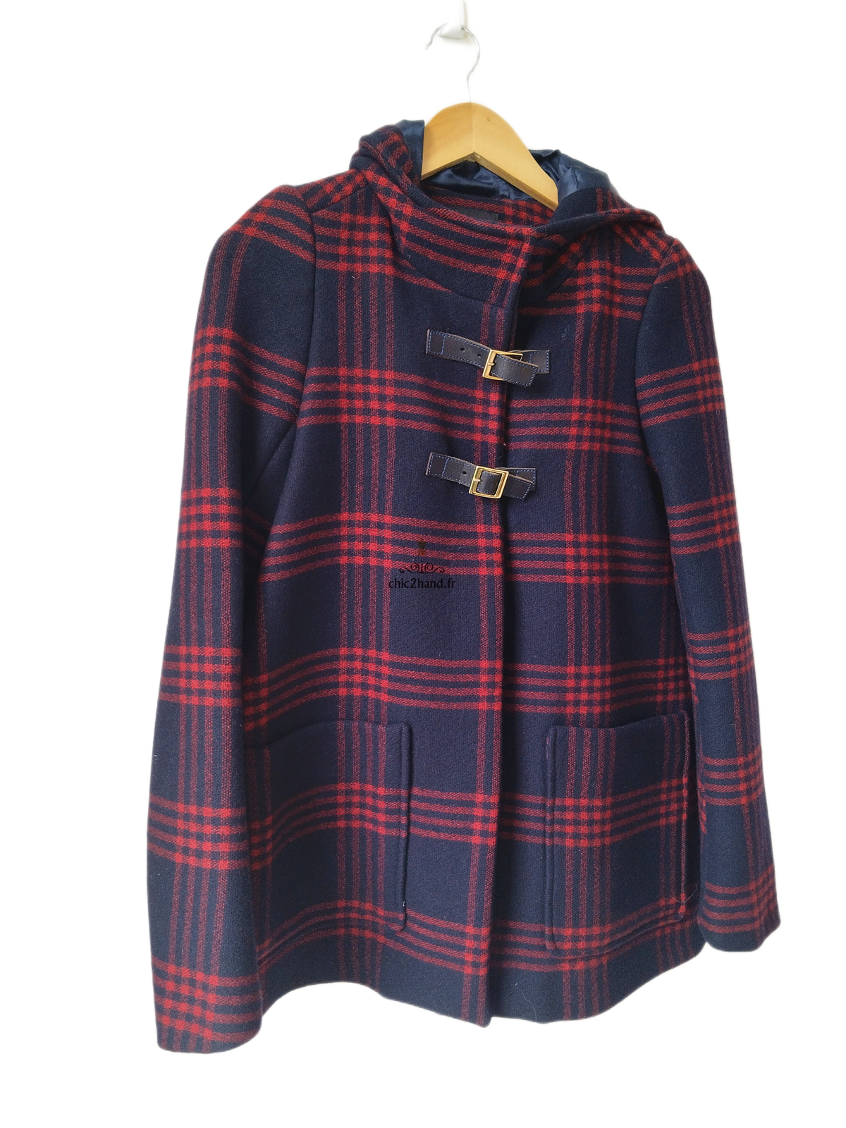 Manteau avec capuche en 70% laine carreaux noir rouge chiné Maje H11JEUNESSE FR36 S NEUF – Image 3