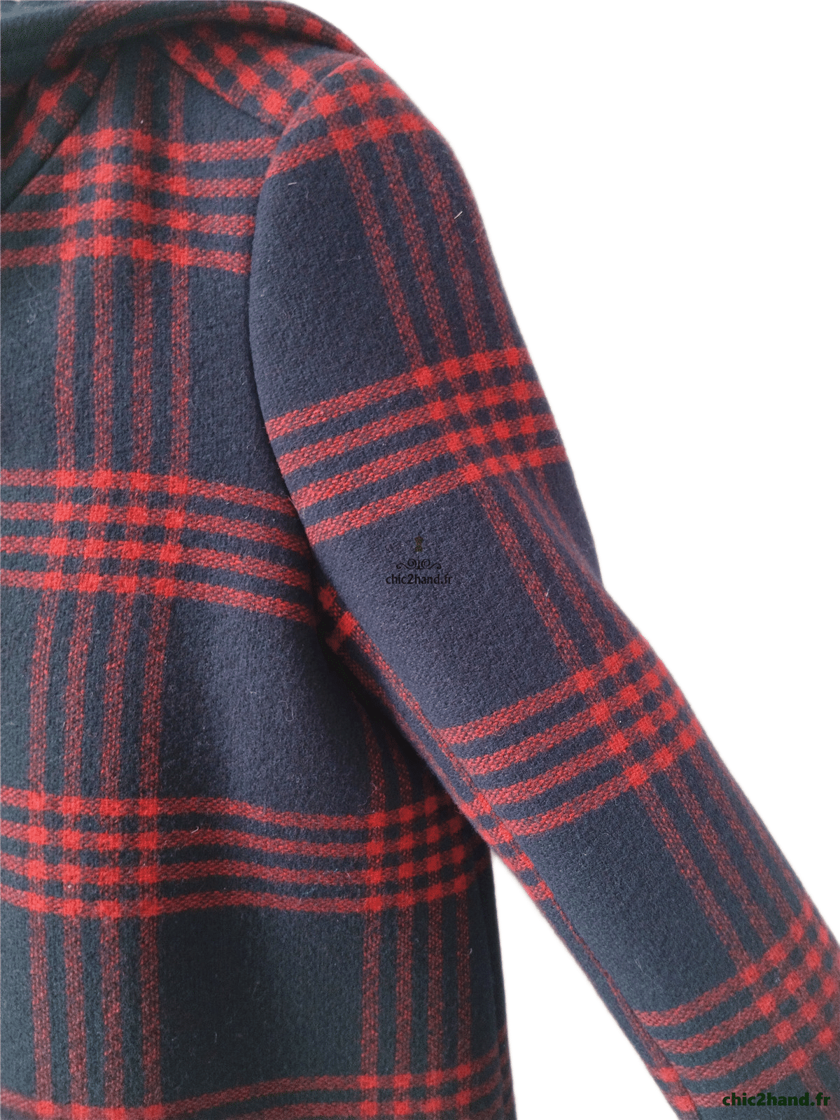 Manteau avec capuche en 70% laine carreaux noir rouge chiné Maje H11JEUNESSE FR36 S NEUF – Image 5
