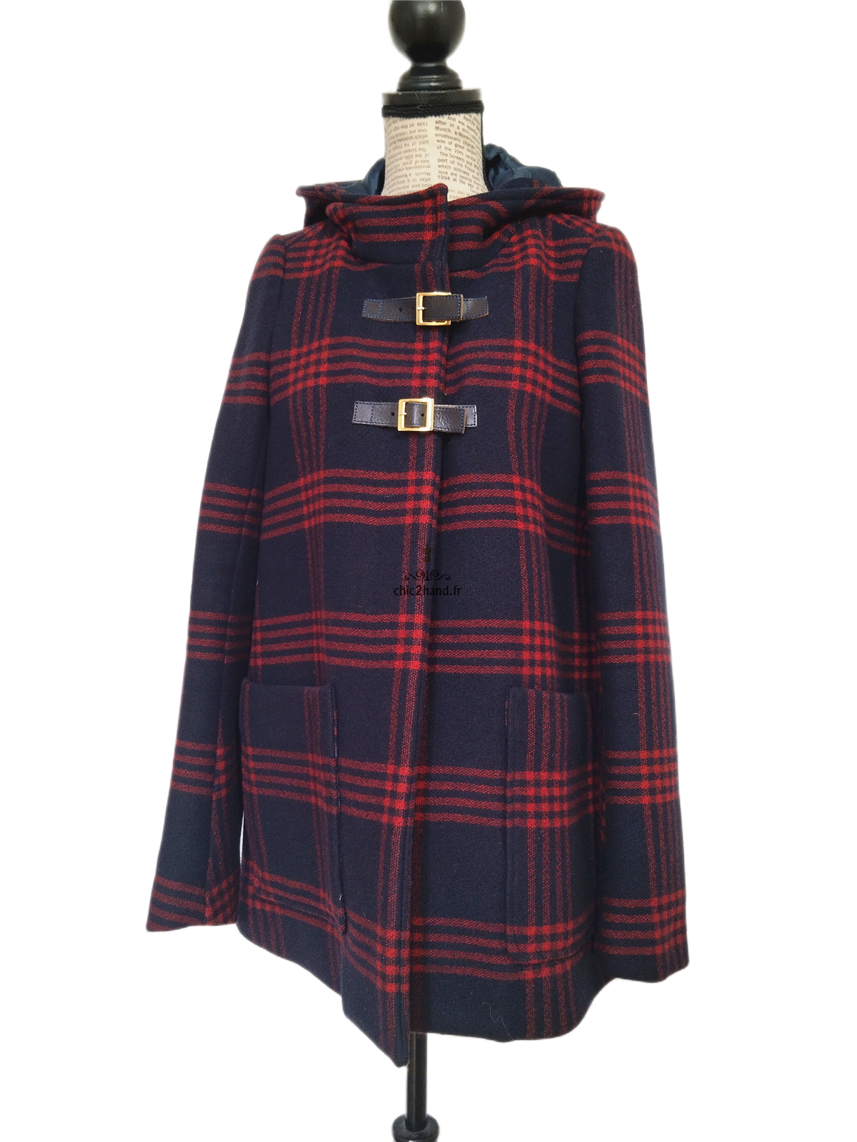 Manteau avec capuche en 70% laine carreaux noir rouge chiné Maje H11JEUNESSE FR36 S NEUF – Image 7
