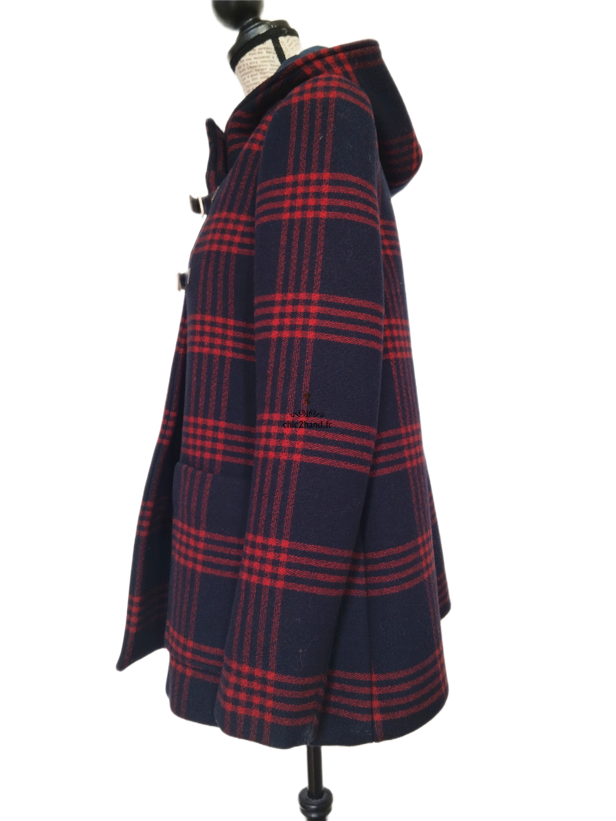 Manteau avec capuche en 70% laine carreaux noir rouge chiné Maje H11JEUNESSE FR36 S NEUF – Image 8