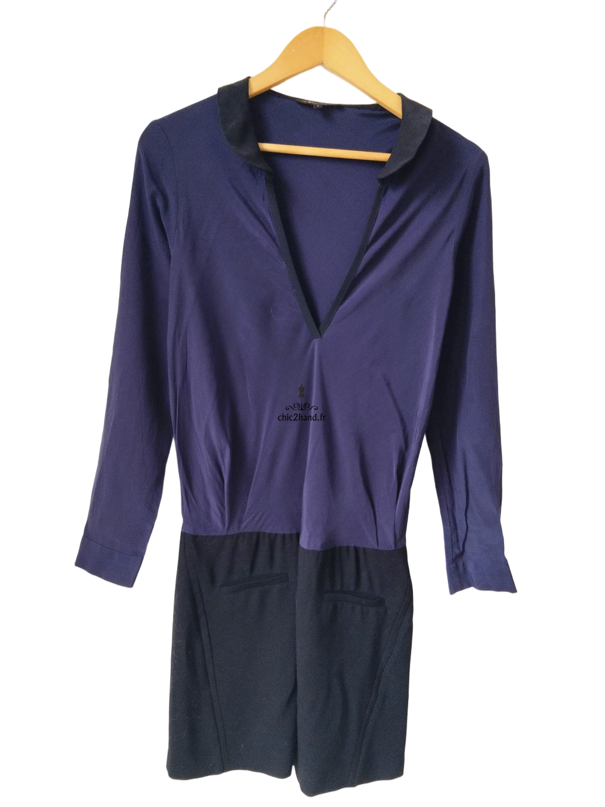 Robe en soie courte Maje T1 bleu marine noir TBE – Image 3