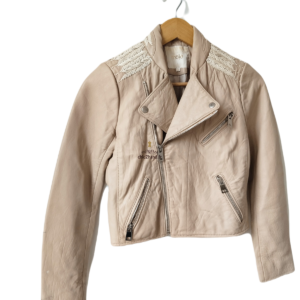 Veste blouson court 100% cuir véritable Maje S rose poudré TBE