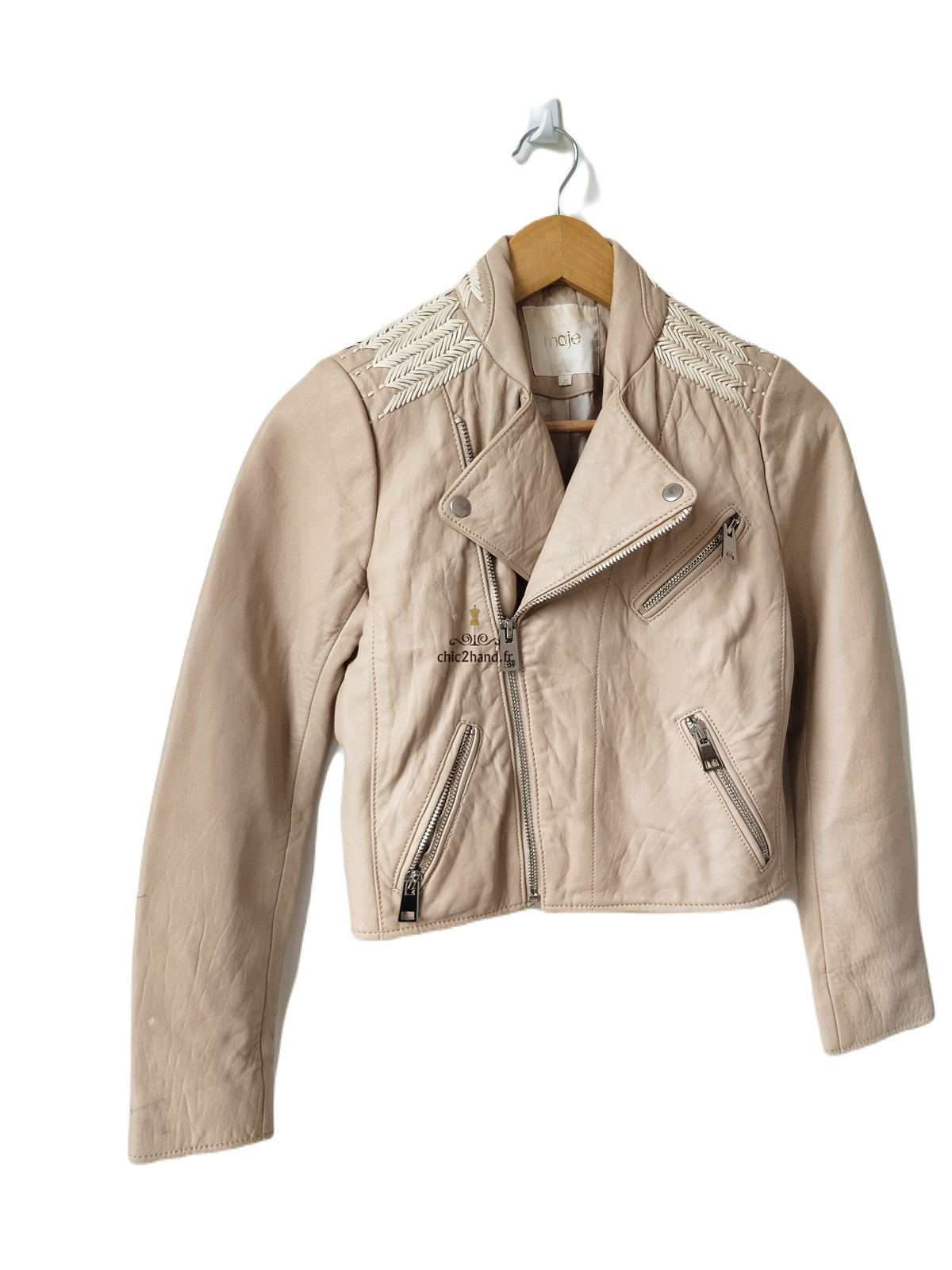 Veste blouson court 100% cuir véritable Maje S rose poudré TBE
