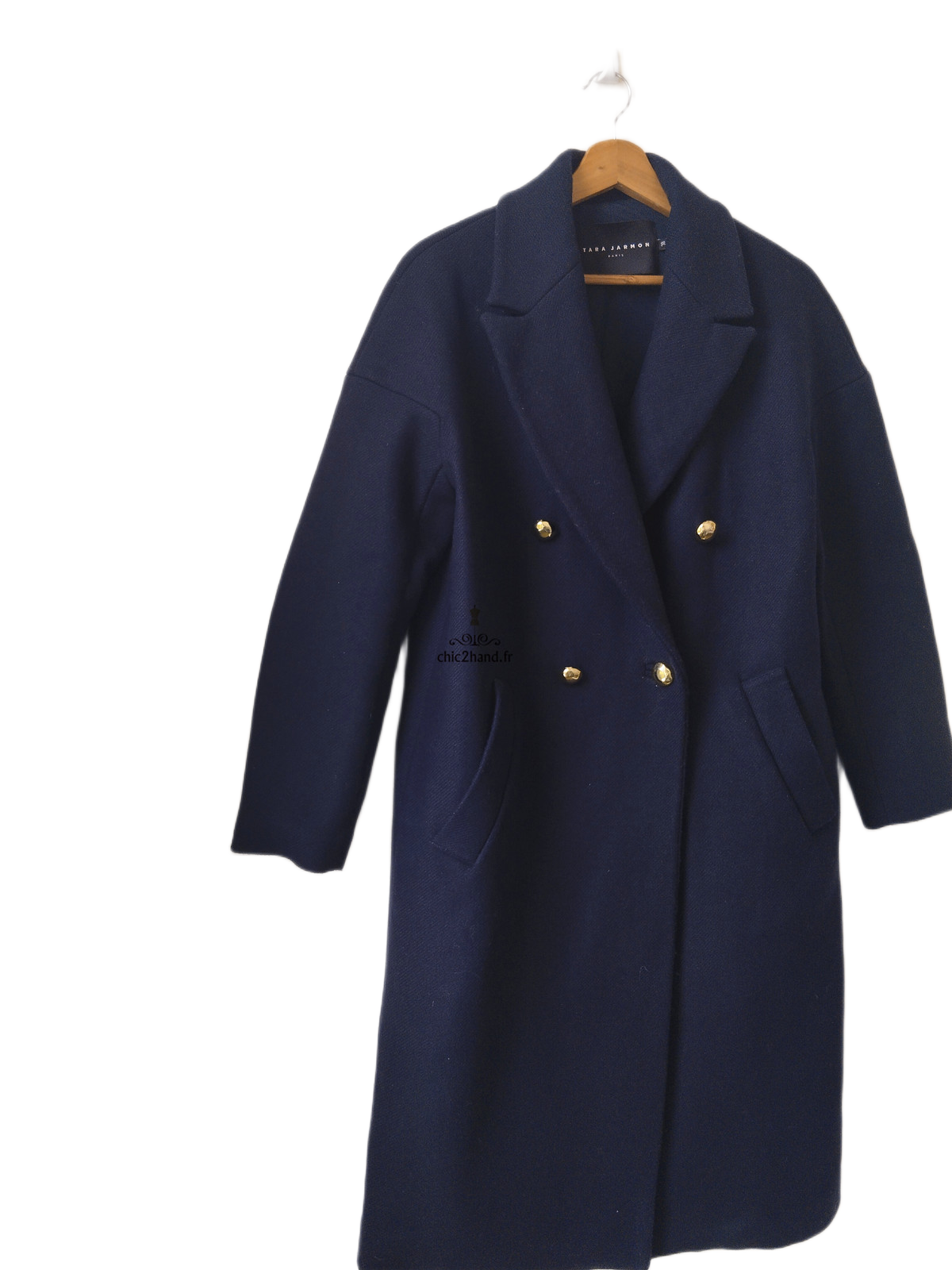 Manteau oversize laine cachemire boutonné Tara Jarmon FR38 bleu marine Excellent état – Image 3