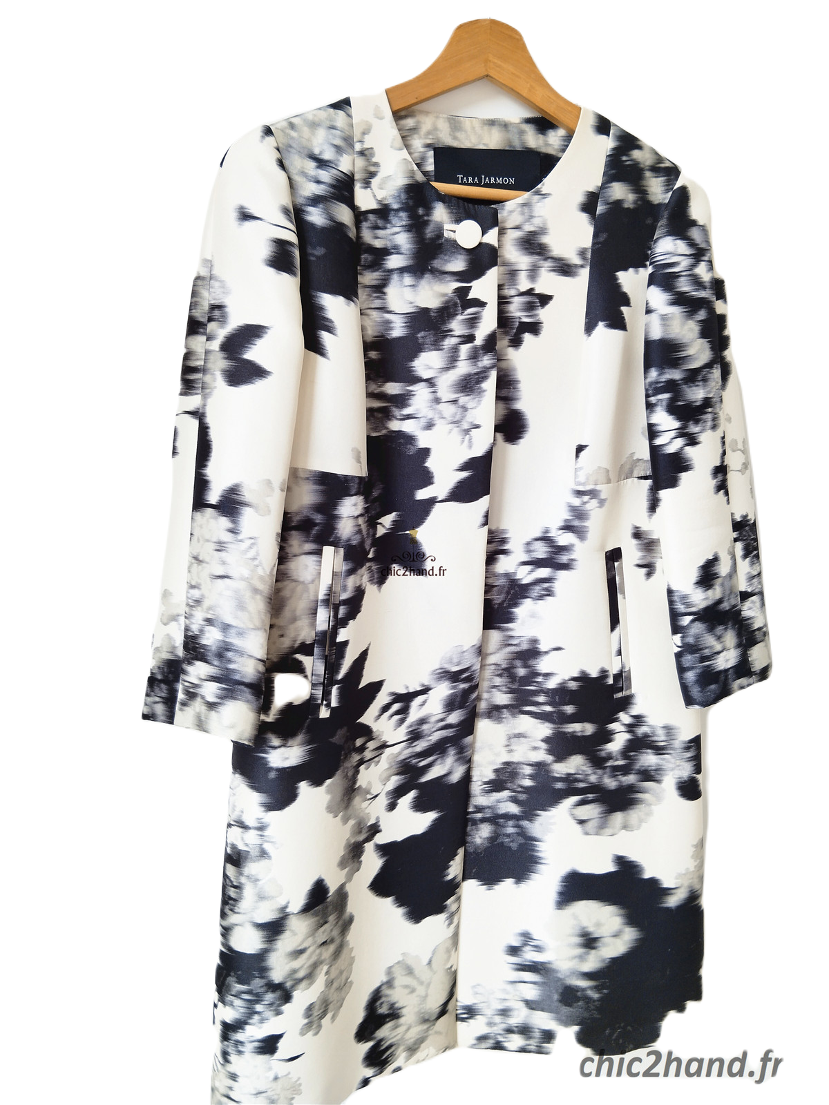 Manteau élégant classe 100% pure soie blanc motif noir Tara Jarmon M NEUF – Image 3