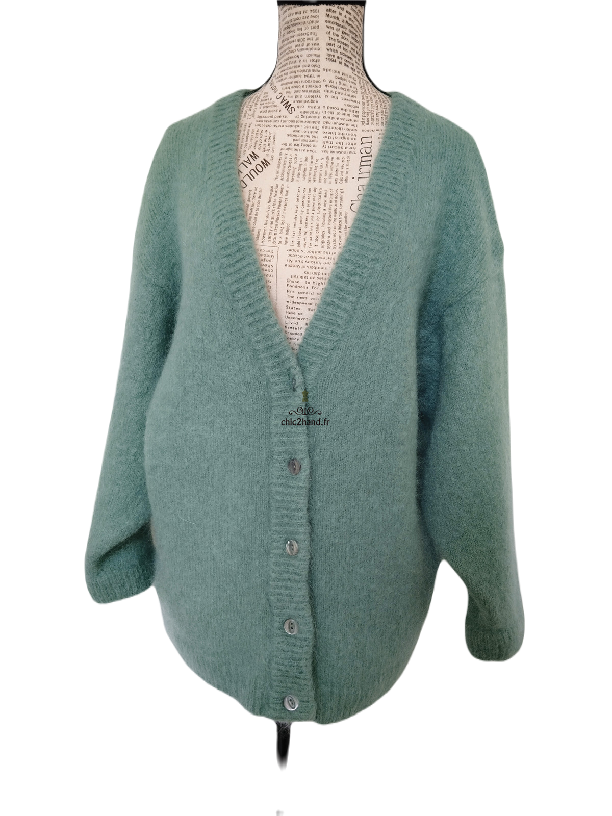 Gilet cardigan oversize 53% mohair American Vintage pino19D S vert d'eau NEUF – Image 7