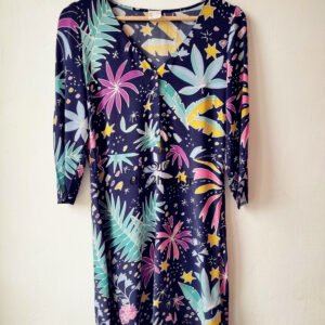 Robe droite manches 3/4 Des Petits Hauts remiko S T1 TBE bleu nuit motif multicolore