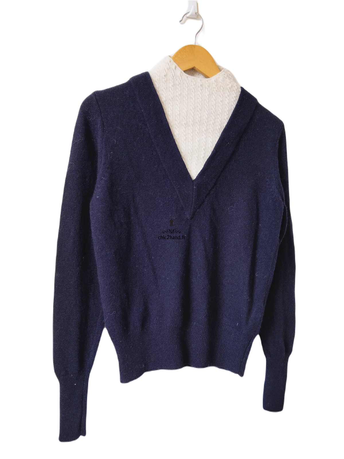 Pull épais doudou col montant mohair Sandro T1 bleu marine blanc excellent état – Image 3