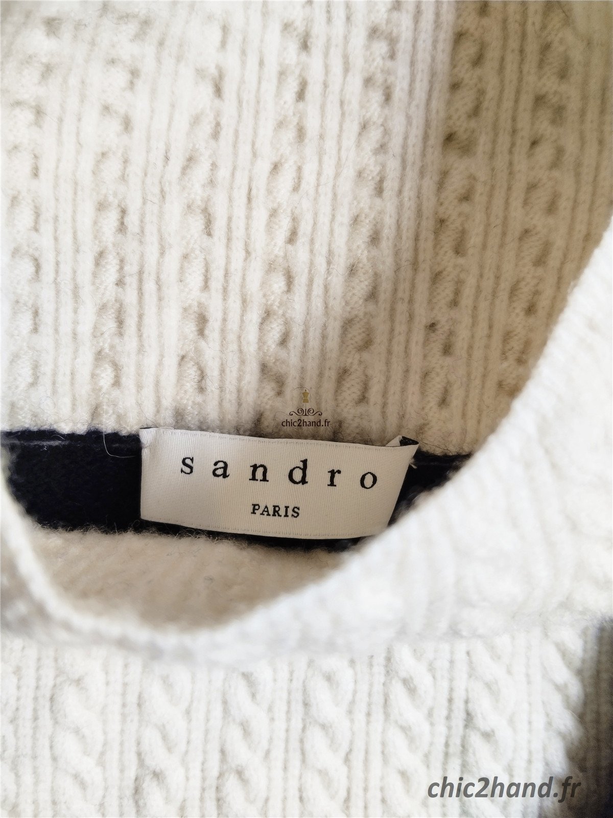 Pull épais doudou col montant mohair Sandro T1 bleu marine blanc excellent état – Image 10