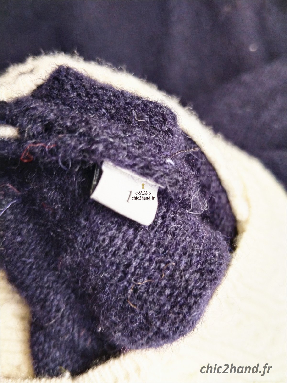 Pull épais doudou col montant mohair Sandro T1 bleu marine blanc excellent état – Image 9