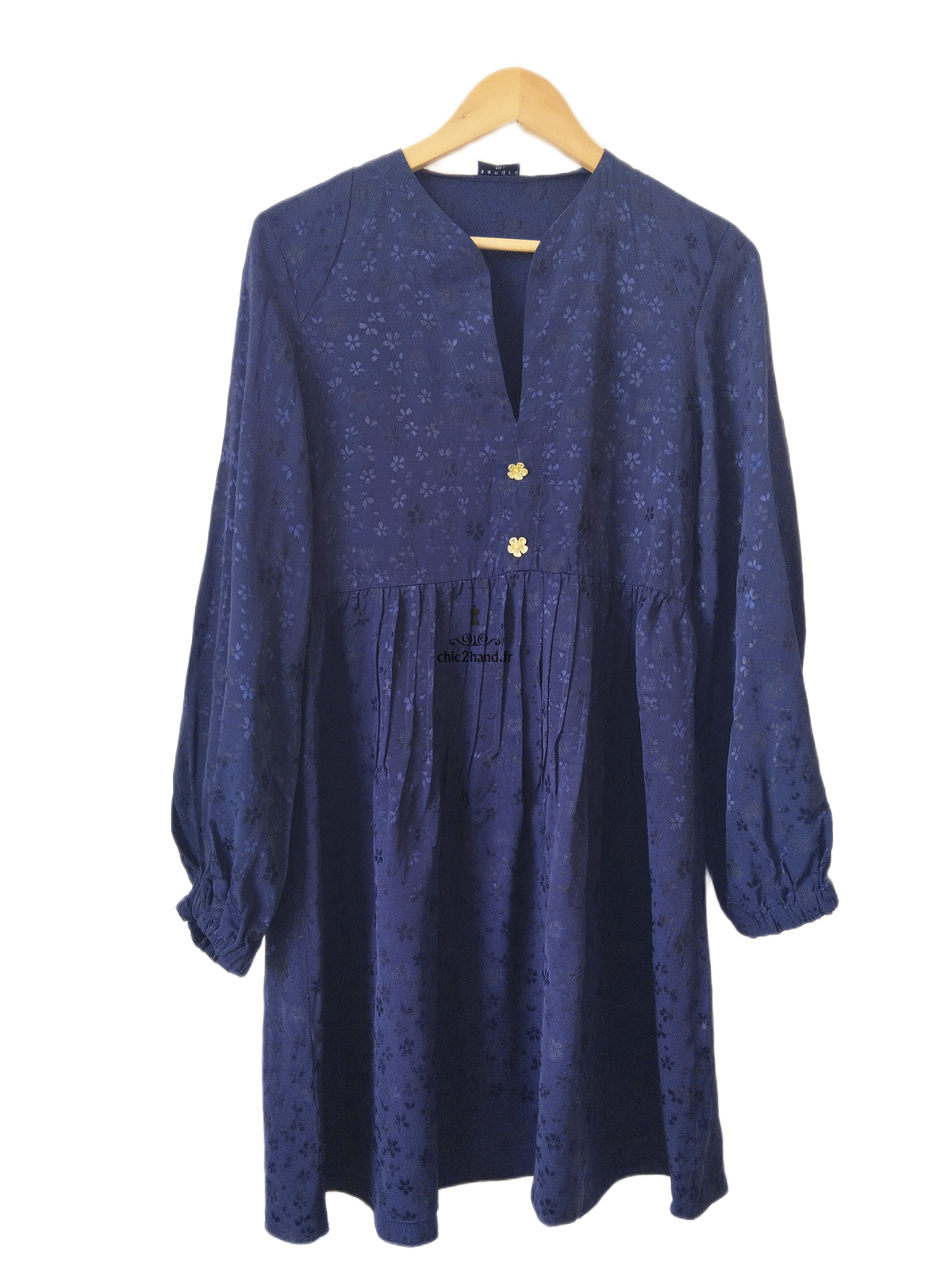 Robe manches longues mi longue évasée Sandro FR38 M bleu nuit fleuri NEUF – Image 2