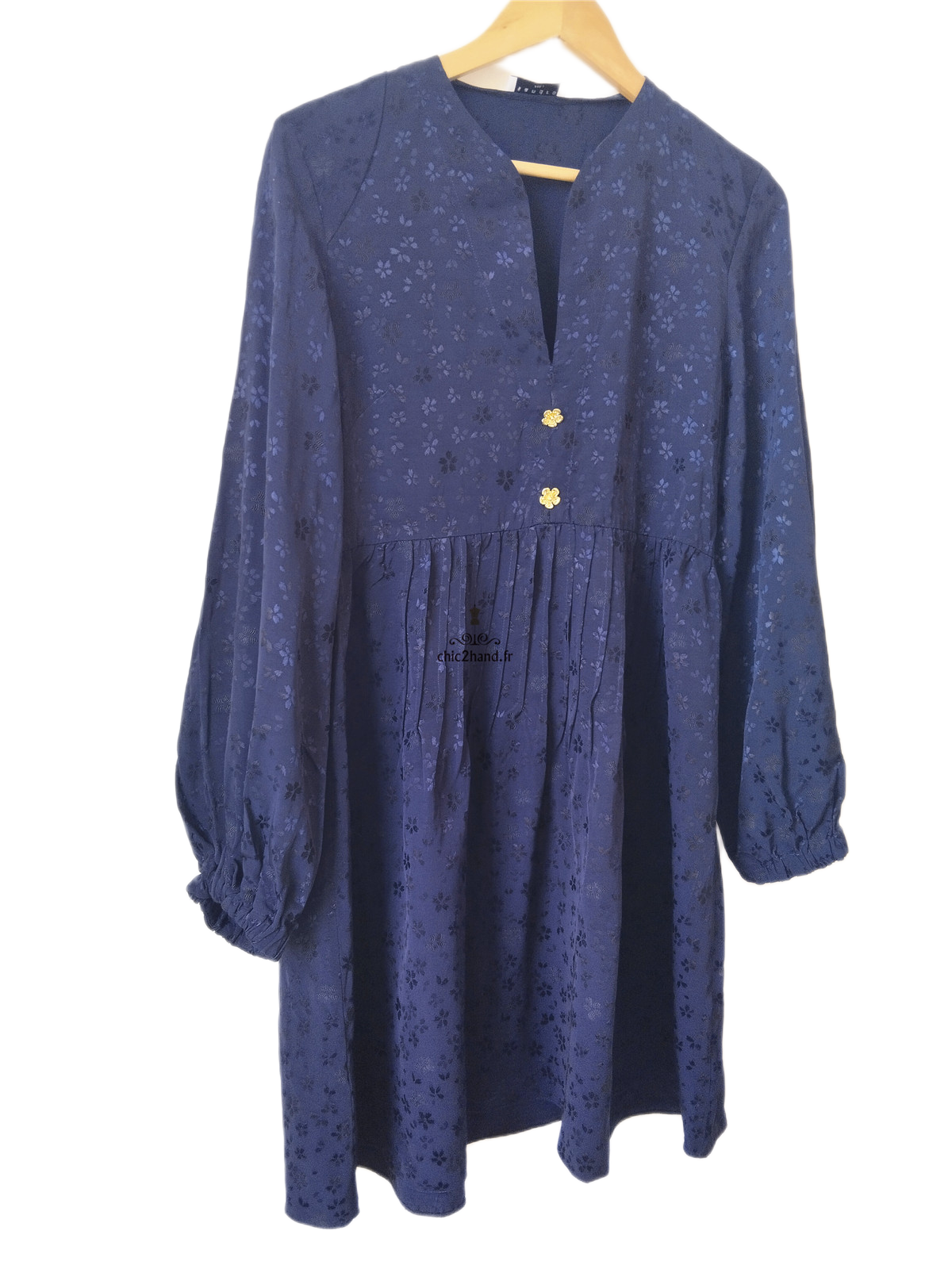Robe manches longues mi longue évasée Sandro FR38 M bleu nuit fleuri NEUF – Image 3