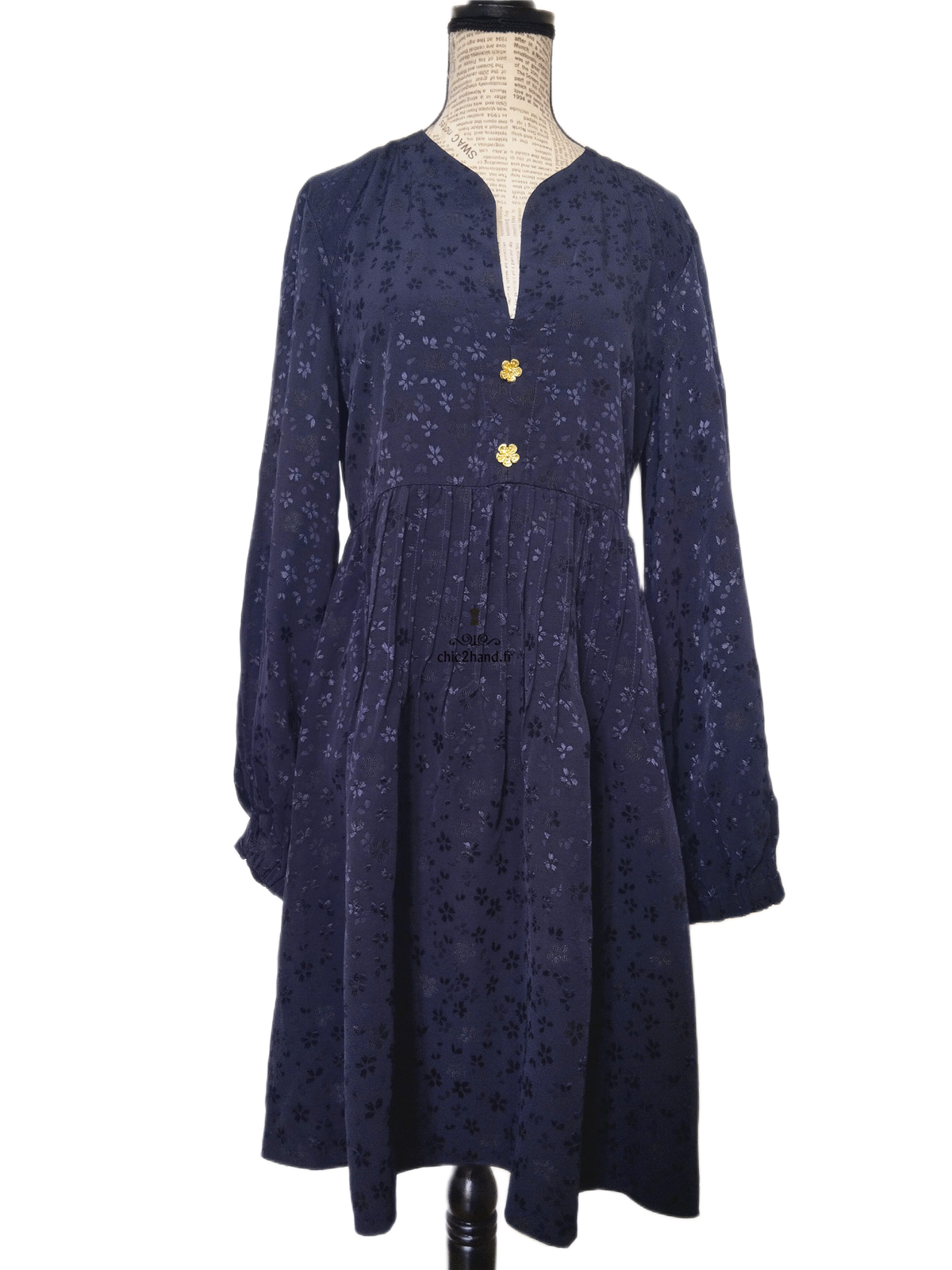Robe manches longues mi longue évasée Sandro FR38 M bleu nuit fleuri NEUF