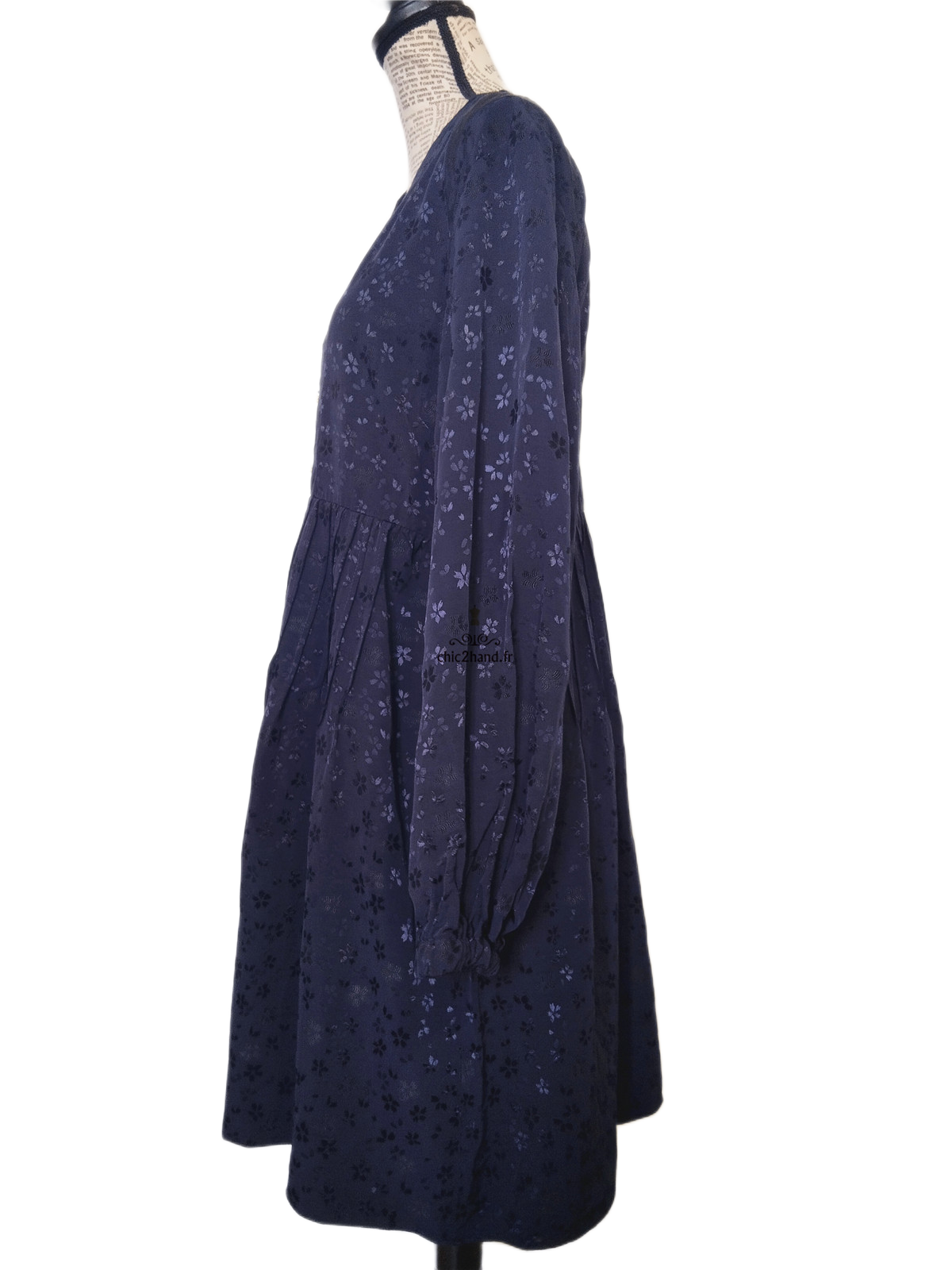 Robe manches longues mi longue évasée Sandro FR38 M bleu nuit fleuri NEUF – Image 9